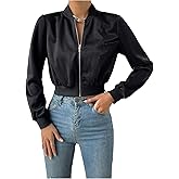OYOANGLE Women's Cropped Bomber Jacket Long Sleeve Zip Up Baseball Collar Fall Jackets Outerwear