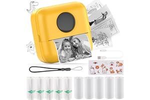 Mini Thermal Inkless Printer,Portable Sticker Printer with 6 Rolls Printing Paper＆5 Rolls Self-Adhesive Paper,Small Wireless 