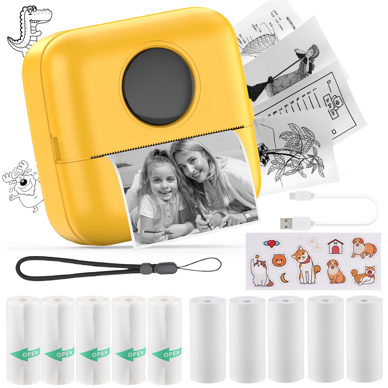 Photo 1 of HuiJuKeJi Mini Sticker Printer Bluetooth Smart Pocket Inkless Thermal Printer with 11 Rolls Thermal Paper and Sticker for iOS&Android, Portable Receipt Printer for Photo Note Memo (Yellow)
