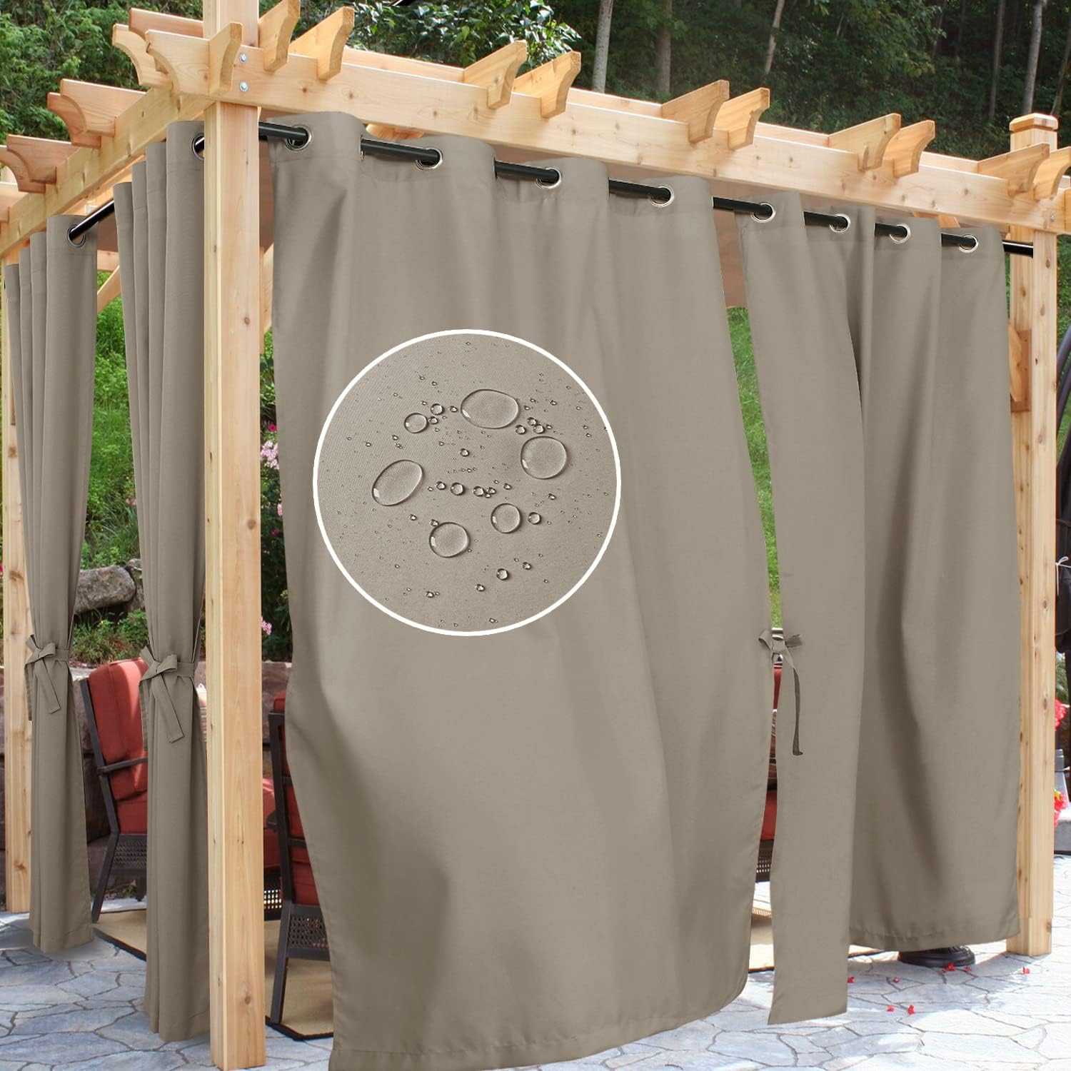 Outdoor Curtains - Hiasan Taupe Outdoor Curtains for Patio Waterproof, 60 x 84 inch - Privacy Outside Curtains for Gazebo/Porch/Indoor Use (Single Panel Sewn with 2 Tiebacks, Grommet)