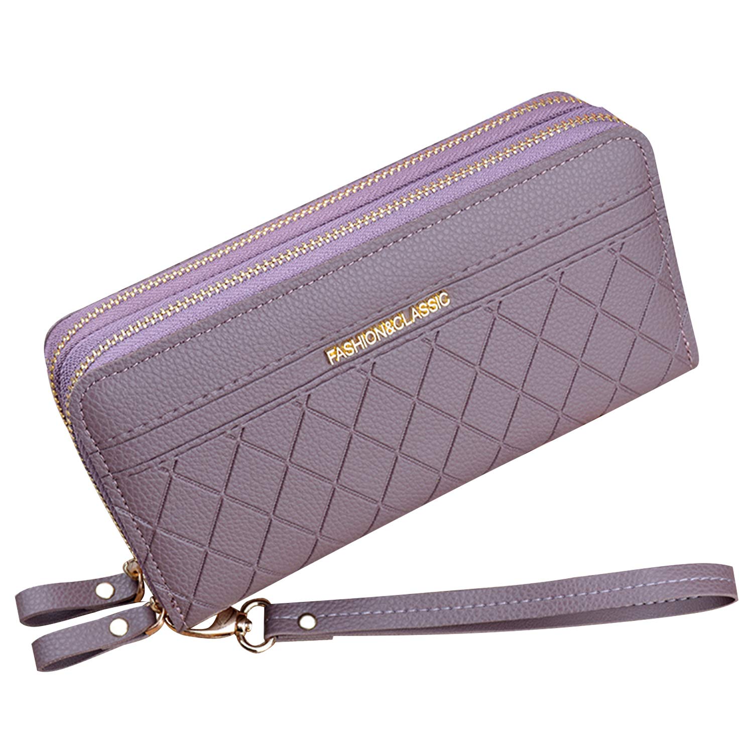 Yixuan Ladies Double Zipper PU Leather Wallet - Large Capacity Long Clutch with Multiple Card Slots and Coin Purse for Women - Phone Wristlet (Purple1)
