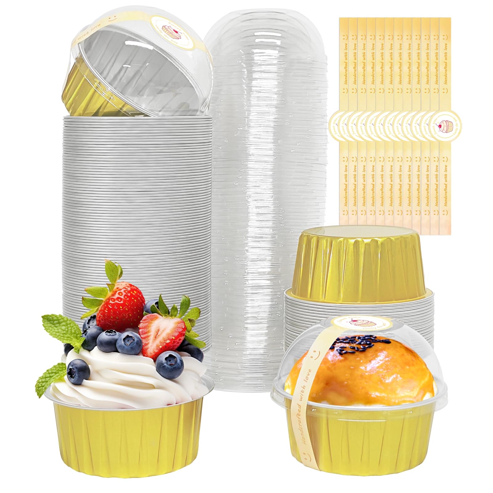 Photo 1 of 100 Pack 5oz Cupcake Pans with Dome Lids, Disposable Ramekin Cupcake Liners,Reusable Mini Muffin Case Dessert Containers for Birthday Wedding Party (Gold)