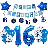 Pargleev 16th Birthday Party Decorations for Boys Girls Comprise Balloons with Swirl Decorations, a Happy Birthday Banner, 32in Number 16 and Star Foil Balloons Blue.