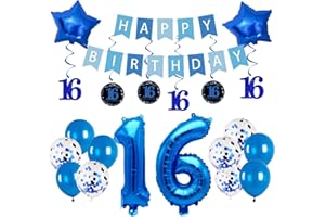 Pargleev 16th Birthday Party Decorations for Boys Girls Comprise Balloons with Swirl Decorations, a Happy Birthday Banner, 32in Number 16 and Star Foil Balloons Blue.