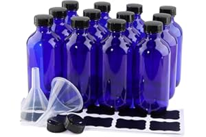 PINIWON 12 Pack 8 oz Cobalt Blue Glass Bottles, 240ml Boston Round Sample Bottles with Black Poly Cone Caps, Labels and Funnels