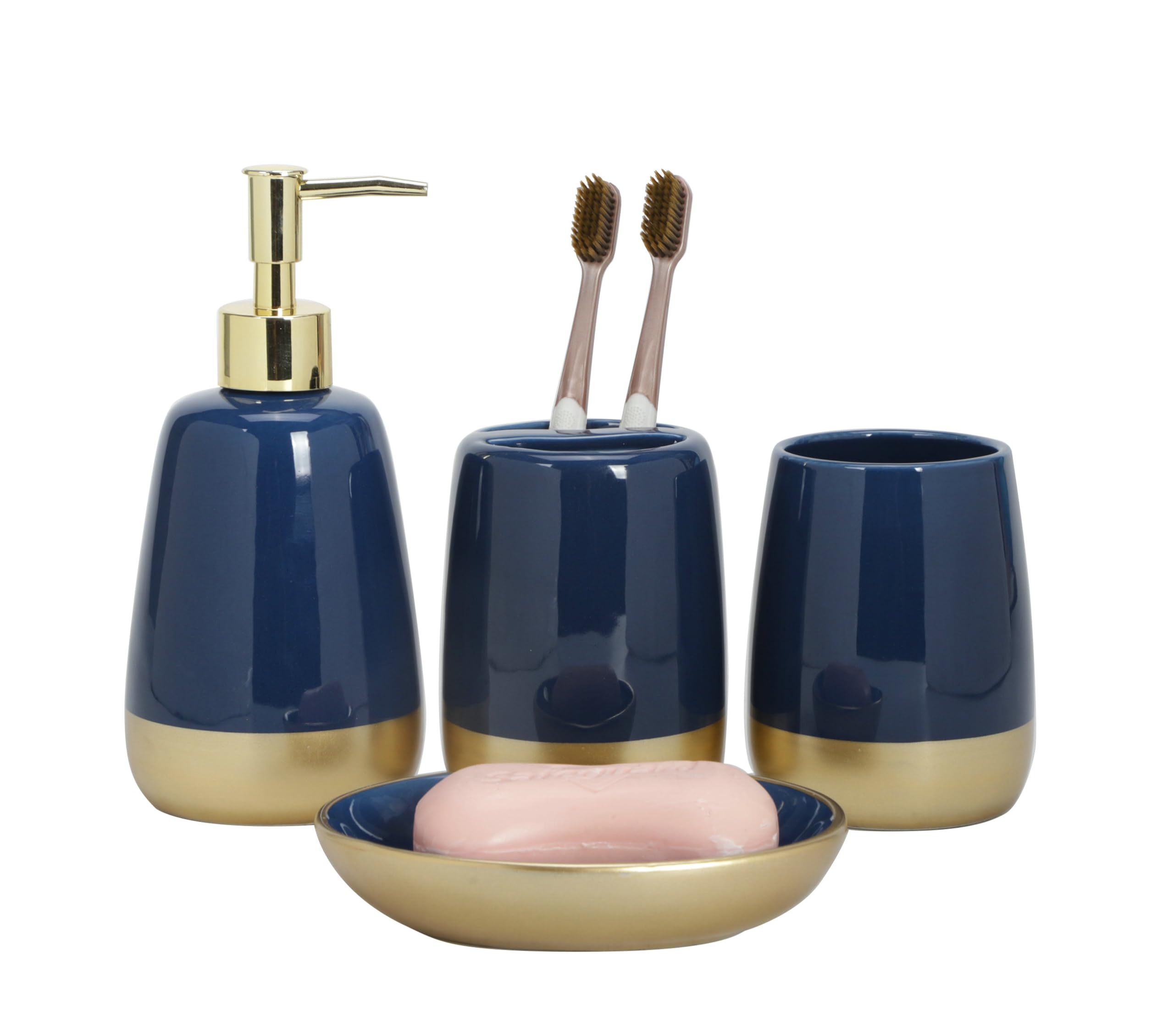 Navy Blue Gold Luxury Bathroom Accessories Set 4 Pieces,Vanity Countertop Ceramic Accessory Set for Bathroom Decor with Soap Dispenser,Toothbrush Holder, Tumbler,Soap Dish (Navy Blue)