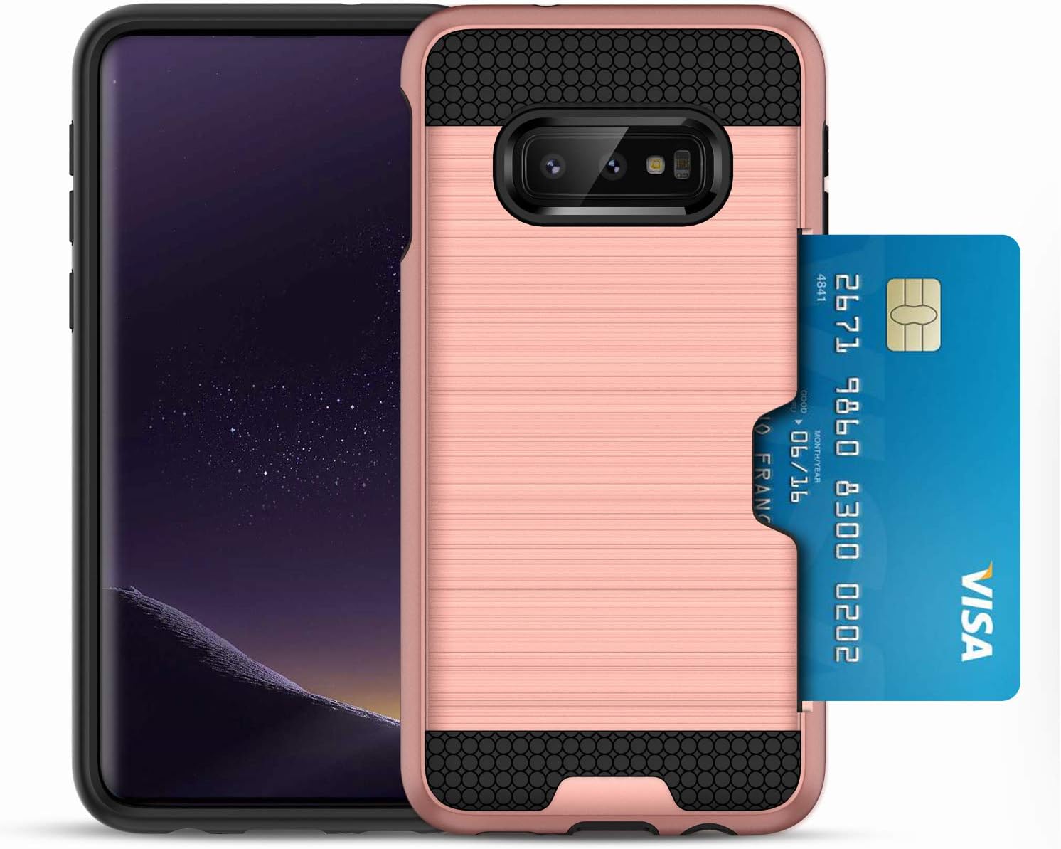 S10E with Card Holder ; Samsung Galaxy S 10 E Case with Credit Card Slot Wallet. S10 E Rugged Armor Metallic Brush Shockproof Hybrid Dual Layer Case Pink