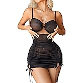 Avidlove Sexy Lingerie for Women Sheer Mesh Bodycon Ruched See Through Dress Mini Lingerie Babydoll Dresses with Thong