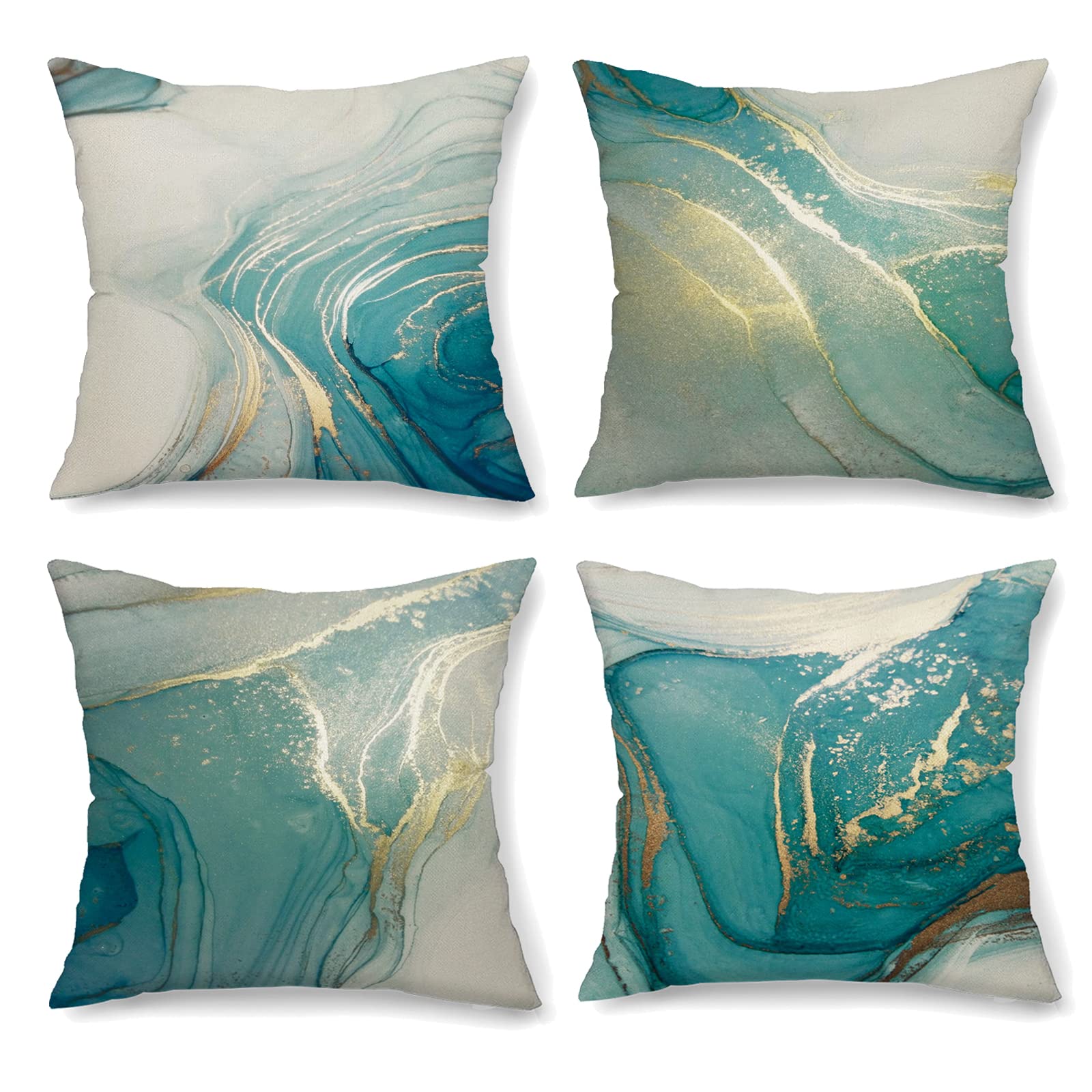 OCEUMACO Linen Cushion Covers 45 x 45 cm Sofa Living Room Set of 4 Square Teal Silver Marble Throw Pillow Cases 18x18 Outdoor Abstract Luxury Pillowcases Cushions Cover - Turquoise Gold