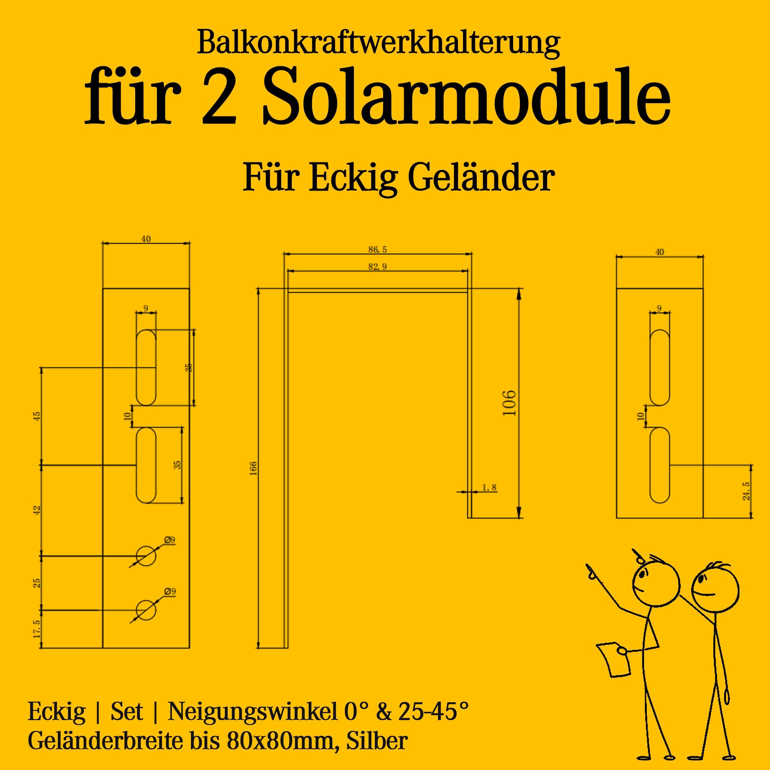 Balkonkraftwerk Halterung Geländer Befestigung für 2 Solarmodule und ein Wechselrichter Photovoltaik | ECKIG | Set | Neigungswinkel 0° & 25-45°| Durchmesser bis 80mm, Silber PV 5