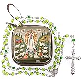 WHLHMK Rosary Beads Catholic for Women With Rosary Box, Green Beads Rosary with Zipper Vintage Jewelry Box, Anglican Prayer Beads Christian Gifts for Women Catholic Gifts