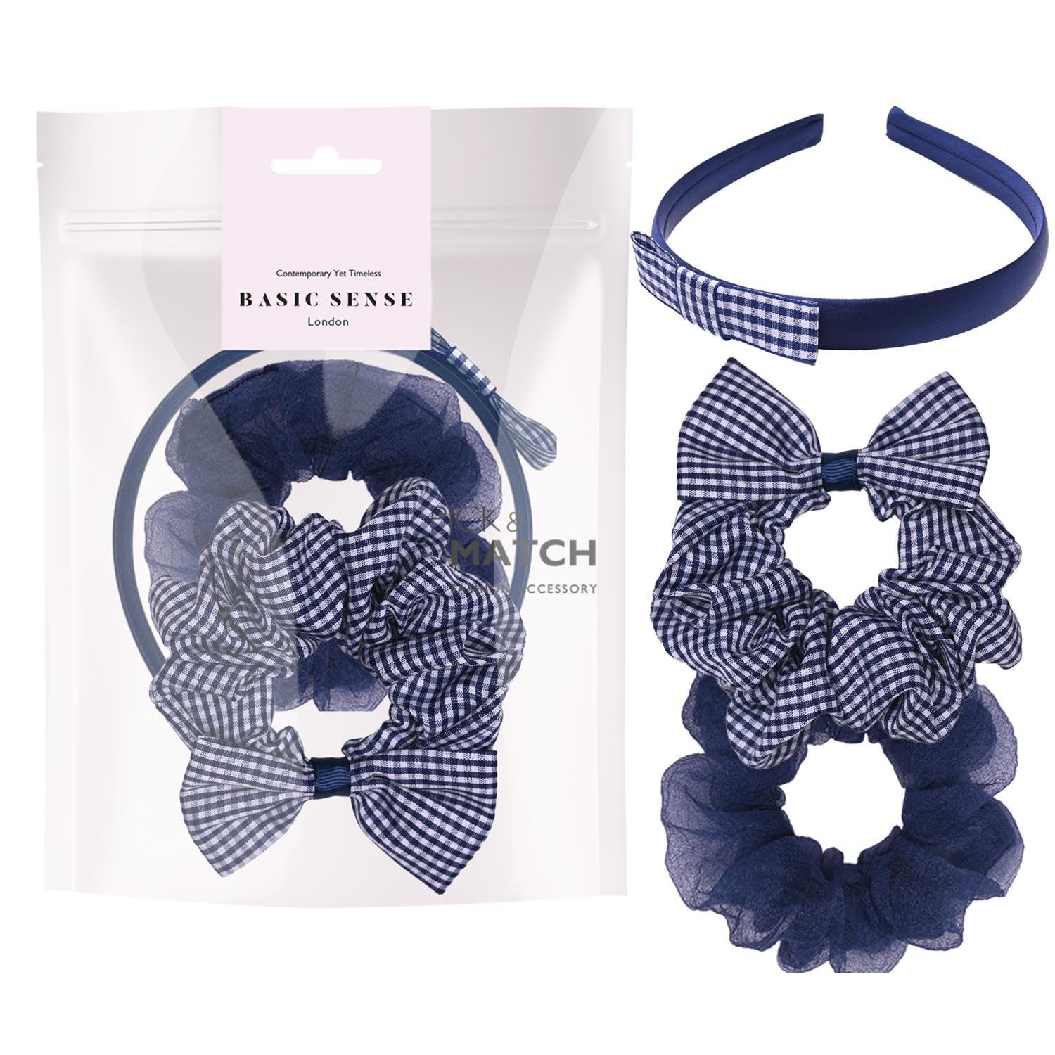 Basic Sense Gingham Check Hair Accessories Set, Hair Scrunchies, Headband, Aliceband for School Uniform, Navy