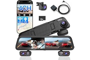 SPRLEAF Rear View Mirror Camera, 4 Channel Mirror Dash Cam Front and Rear Inside for Cars & Trucks, 5.8GHz Wi-Fi, GPS, Parking Monitor, Reverse Assist, 12" Touch Screen, Night Vision, Free 128GB Card