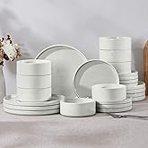 E-far Dinnerware Sets for 8, 24-Piece Stoneware Plates and Bowls Set, Modern Kitchen Dinning Dishware, Chip and Scratch Resistant, Microwave & Dishwasher Safe, Speckled White