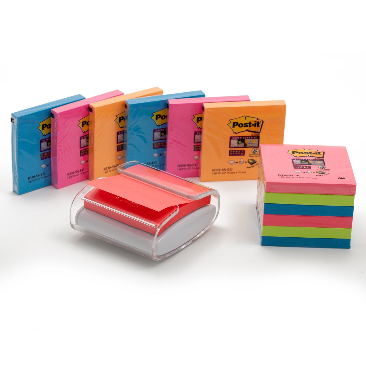 Post-it Z-Notes Dispenser White + Post-it Super Sticky Z-Notes, 1080 Sheets, Pack of 12 Pads, 76 mm x 76 mm - Self-Sticking Notes for Walls, Monitors and Fridge, Recycable