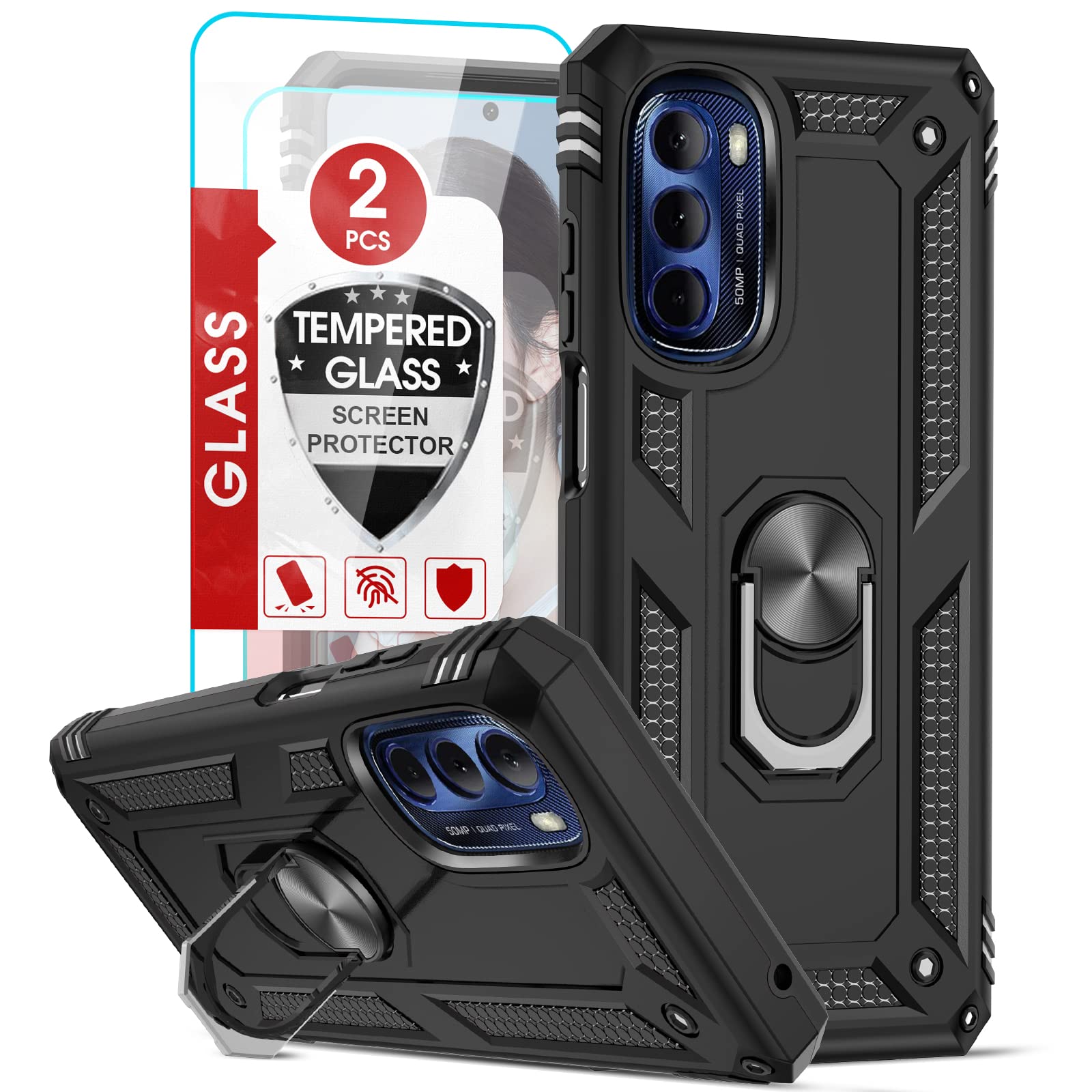 Photo 1 of LeYi for Moto G Stylus 5G 2022 Case (NOT FIT 4G), Motorola G Stylus 5G Case 2022 with 2 Pcs Tempered Glass Screen Protector, Heavy Duty Protective Case with Magnetic Stand for Moto G Stylus 5G, Black