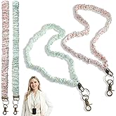WJIAAA Teacher Scrunchie Lanyard with Lobster Clasp,2 Pack Stretchy Floral Retractable Keychain for ID Badges and Keys(Pink and Green)