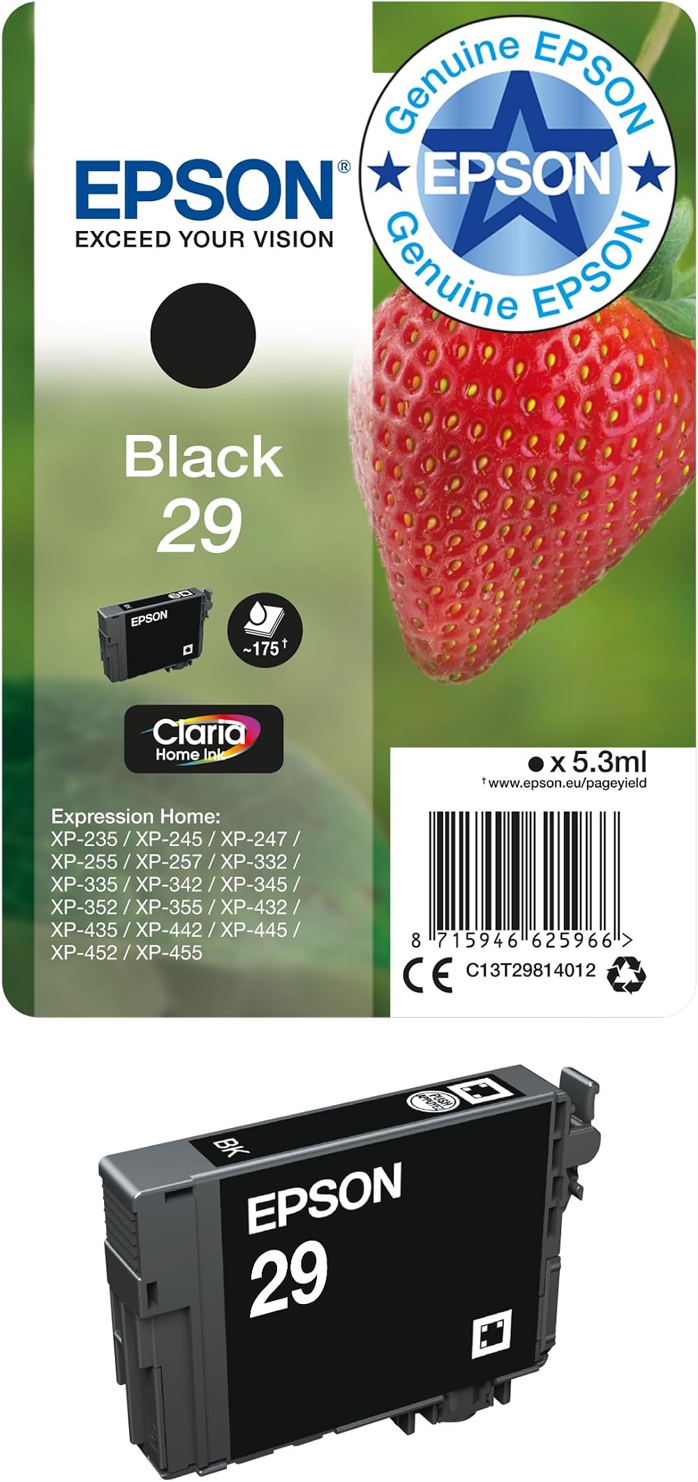 Epson 29 Black Strawberry Genuine Claria Home Ink for Art Photos