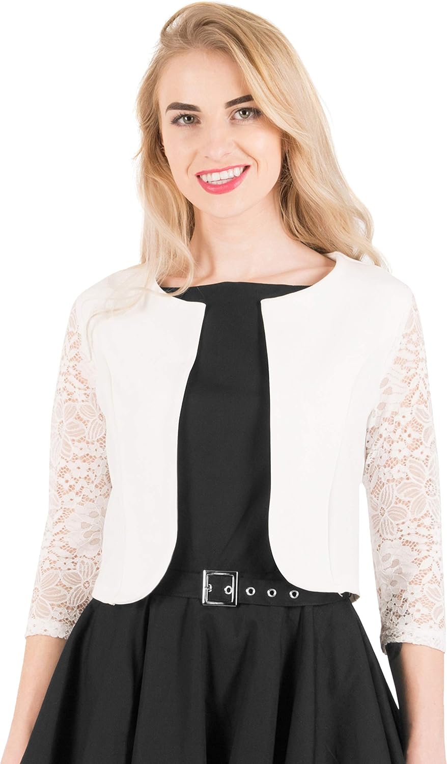 BlackButterfly Cropped 3//4 Lace Sleeve Open Bolero Evening Blouse