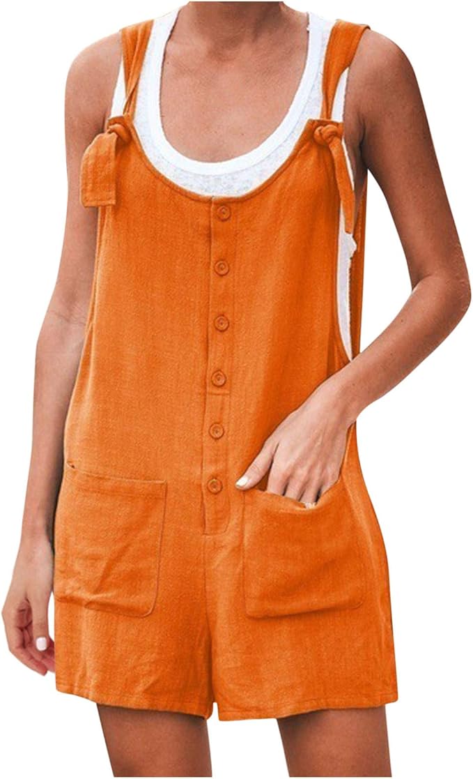 SHOPESSA Baggy Linen Overalls for Women Sleeveless Loose Fit Button