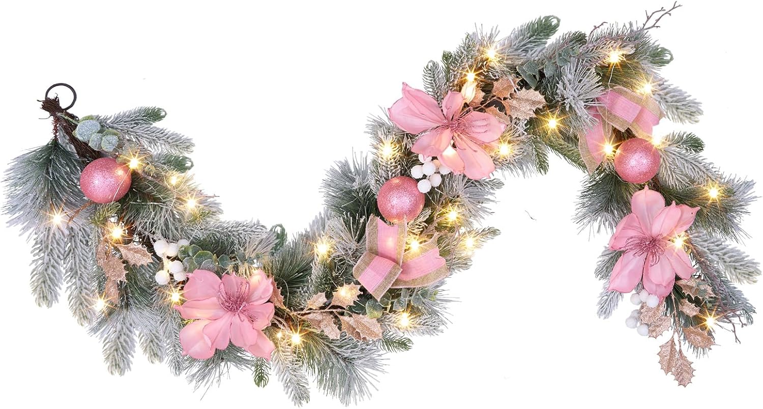 Wreaths, Garlands & Swags - 6 feet Christmas Pink Garland for Front Door with 30 LED Lights,Festive Lighted Holiday Garland Decor,prelit Mantel Garland with Timer,Stair and Fireplace Pink Decorations for Christmas and Wedding