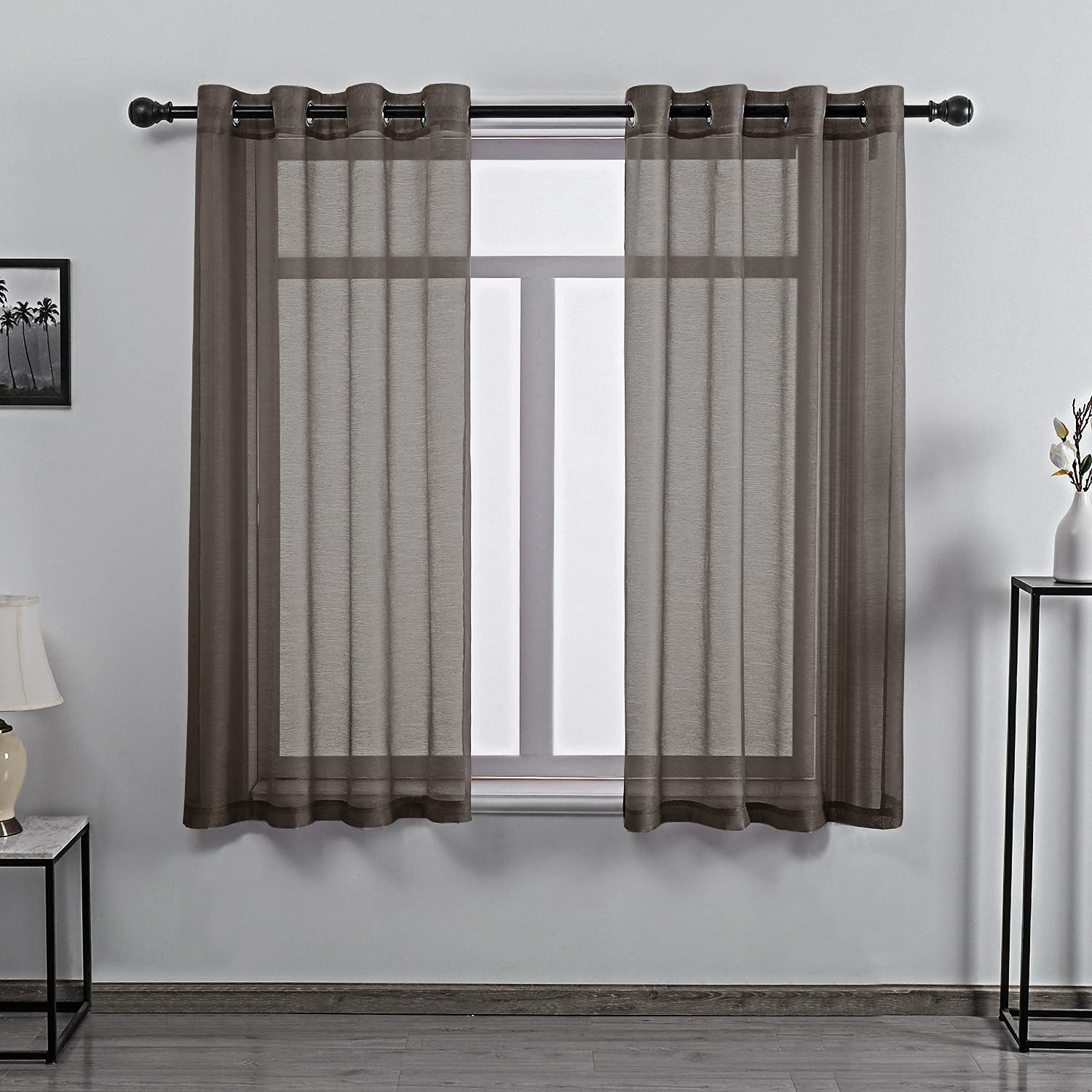 DONREN Chocolate Brown Faux Linen Semi Sheer Transparent Window Curtain Grommet Panels for Bedroom, Living Room(2 Panels,52 W x 63 inch Long)