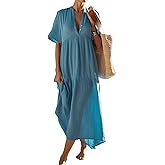 R.Vivimos Womens Summer Cotton Flowy Maxi Dress Short Sleeve V Neck Empire Waist Boho Tiered Ruffle Casual Loose Long Dresses