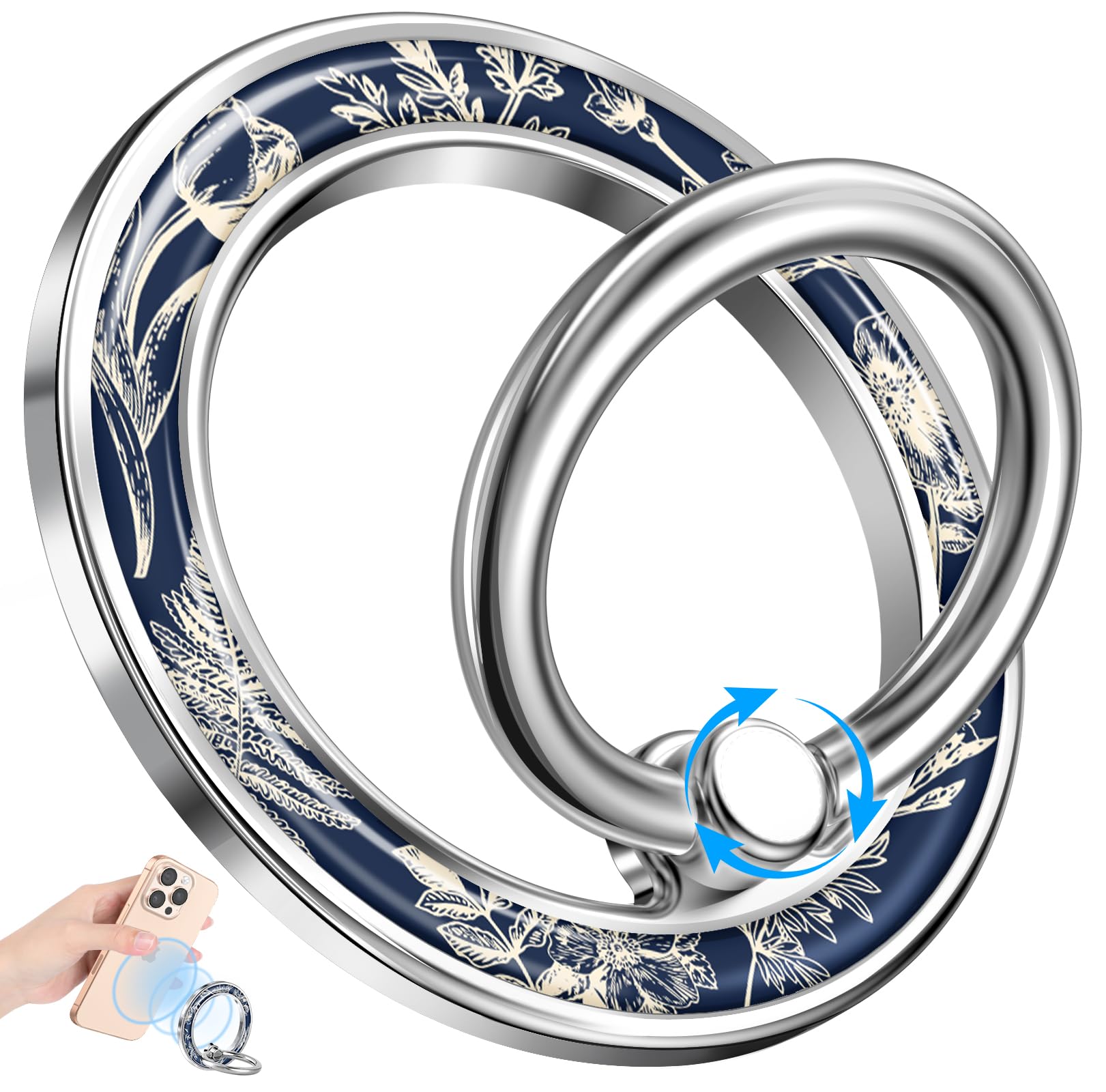 LISEVO Phone Ring Holder Compatible with MagSafe - Magnetic Cell Phone Grip Women Girls Magnet Removable Finger Ring Grip Stand Cute Girly Kawaii Blue Floral for iPhone 17 16 15 14 13 Pro Max Plus Air