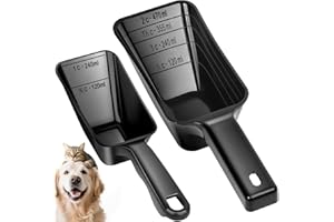 GNEOCO 2 Pack Dog Food Scoop with 1 Cup and 2 Cup Capacity, Plastic Pet Food Measuring Scoops with Clear Measurement Lines for Dogs, Cats & More,Dishwasher safe (Black)