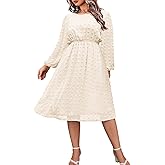IN'VOLAND Women's Plus Size Swiss Dot Long Sleeve Chiffon Dress Flowy High Waist A Line Ruffle Babydoll Midi Dresses 16W-24W