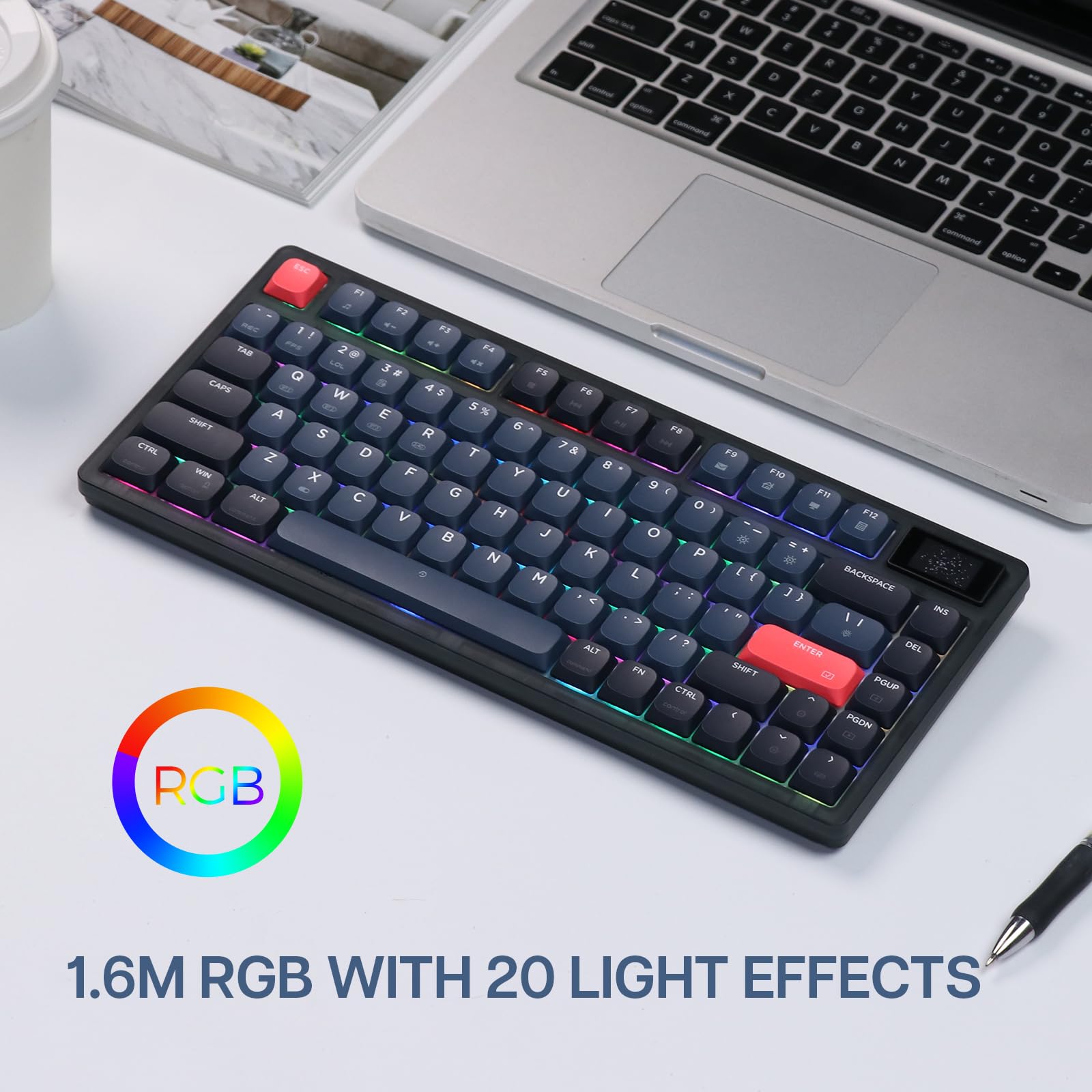 Ajazz AK832 Pro 75% Gasket-Mounted Bluetooth 5.1/2.4G Wireless & Type-C Wired Low-Profile Keyboard, LED Screen, 1.6M RGB with Outemu Switch for Mac/Win (Brown Switch)