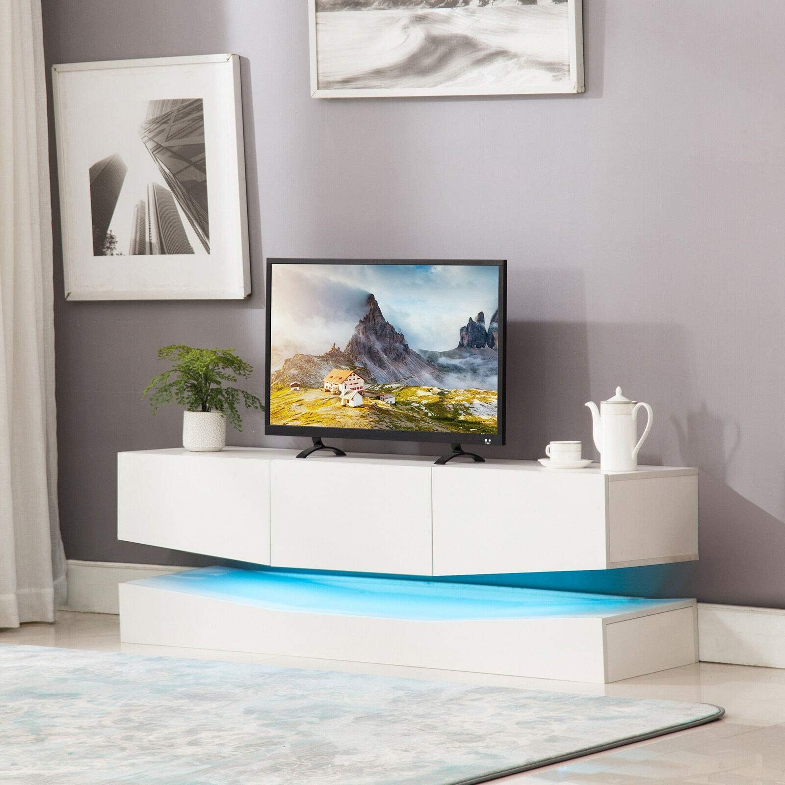 Clever Market TV Stand High Gloss Floating Durable Entertainment Center LED Light Wall Mount Solid TV Cabinet Modern TV Console Furniture 3 Large Drawers (47" White)