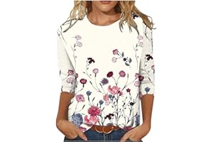 Aricy Womens Tops long 3/4 Sleeve Crewneck Cute Shirt Summer Casual Floral Printed Trendy Three Quarter Length T Shirt Blouse