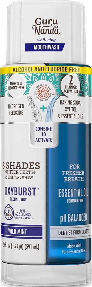 GuruNanda Teeth Whitening Dual Barrel Oxyburst Mouthwash - Alcohol & Fluoride Free, Hydrogen Peroxide to Promote Whiter Teeth