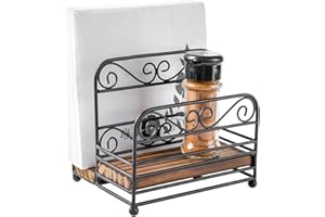 MyGift 2-in-1 Disposable Napkin and Salt & Pepper Caddy, Black Metal Vintage Scrollwork Dinner Table Paper Towel Condiment Ho