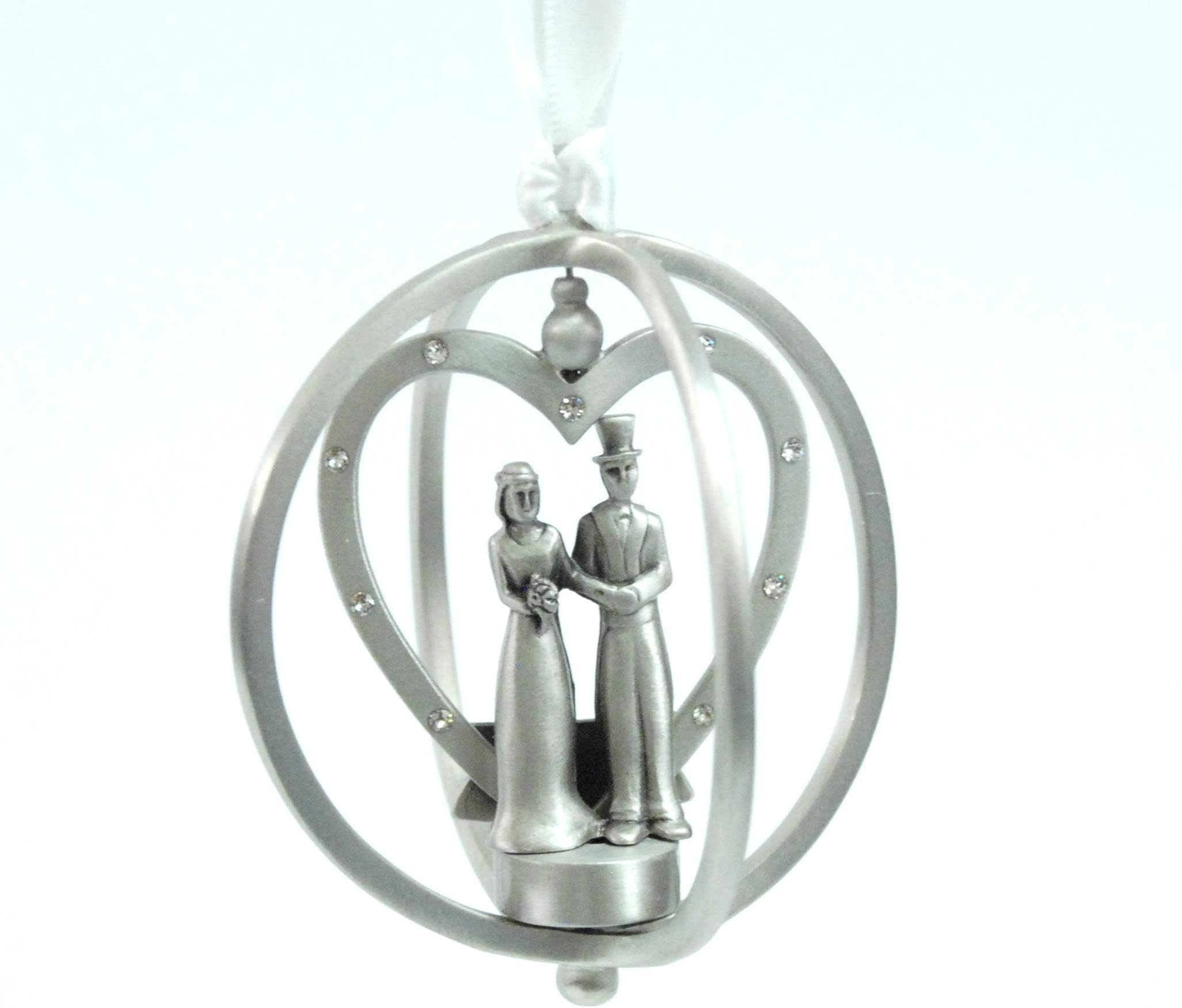 Wedding Couple Spinning Christmas Ornament with Austrian Crystals Brushed Pewter Made in USA