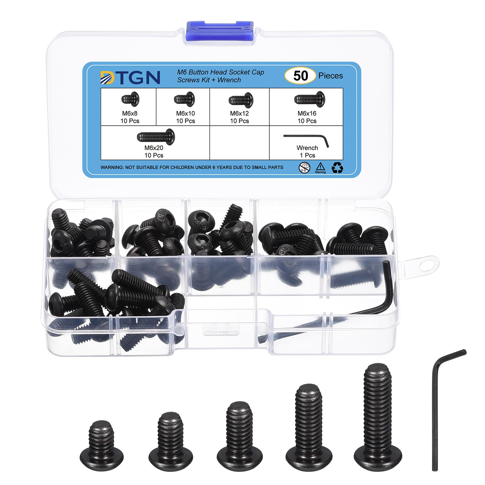 DTGN 50Pcs M6(D) Button Head Socket Cap Screws Kit, 8/10/12/16/20mm(L) Carbon Steel Black Oxide Full Thread Hex Socket Cap Screw Assortment with S4 Wrench - Good for Machine