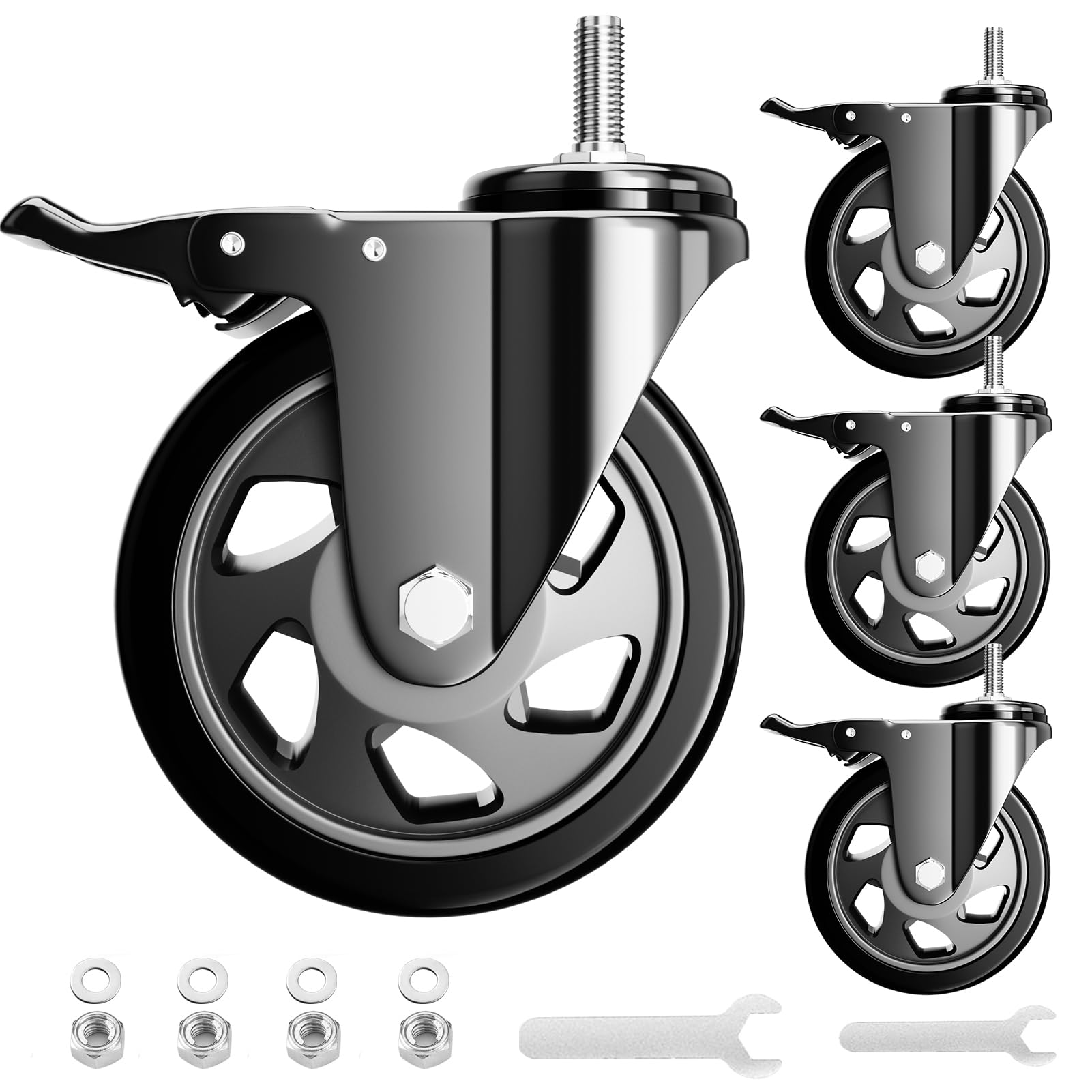 Photo 1 of 5 Inch Stem Caster Wheels Heavy Duty, Threaded Stem Casters Set of 4, Cart Wheels 1/2"-13 x 1 (Screw Diameter 1/2", Stem Length 1"), Safety Dual Locking Industrial Casters, Cart Wheels for Furniture