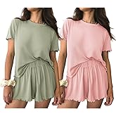 Ekouaer 2 Packs Womens Pajama Set Short Sleeve Sleepwear Soft Top and Shorts Pjs Casual Outfits Lounge Set with Pockets