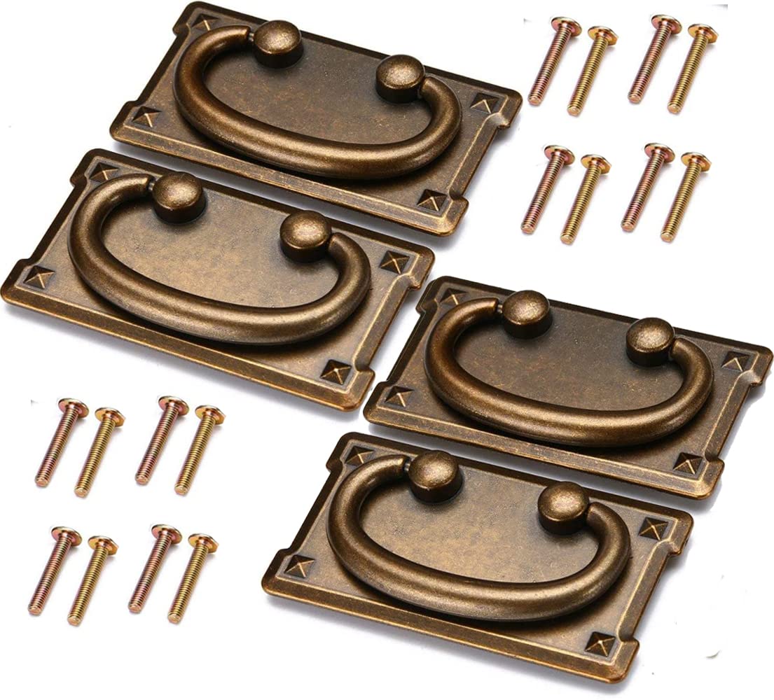 DUDUA 4 Pieces Vintage Drawer Pull Handles, Antique Brass Cabinet Door Furniture Handle for Cupboard Drawer Cabinet Kitchen Decoration with Screws (Yellow)