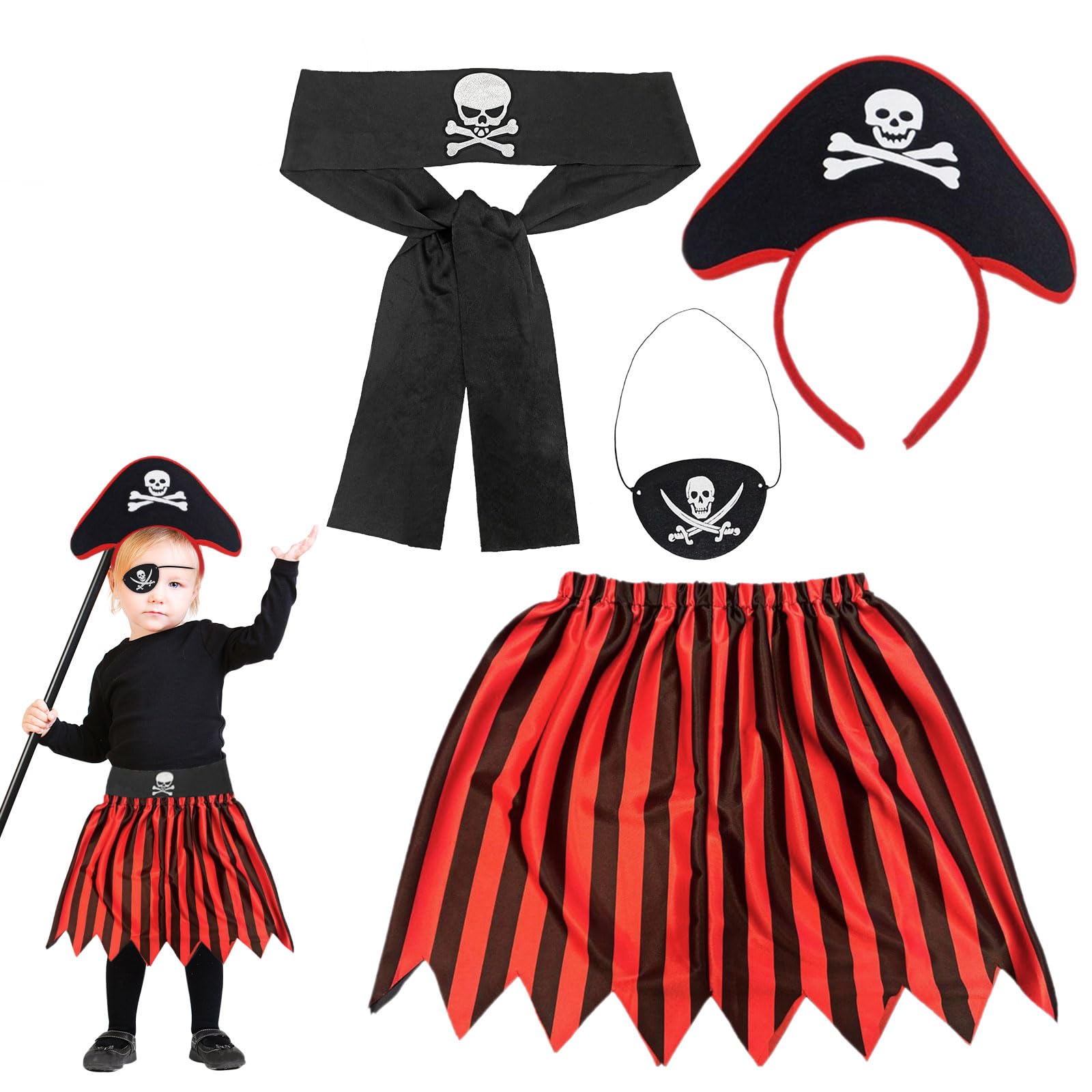 FUIPVGI 4 Pieces Kids Pirate Costume, Girls Deckhand Sea Captain Fancy Dress with Pirate Headband Eyepatch Skull Belt Tutu Skirt for Carnival Cosplay Halloween Costume Accessories (Red)