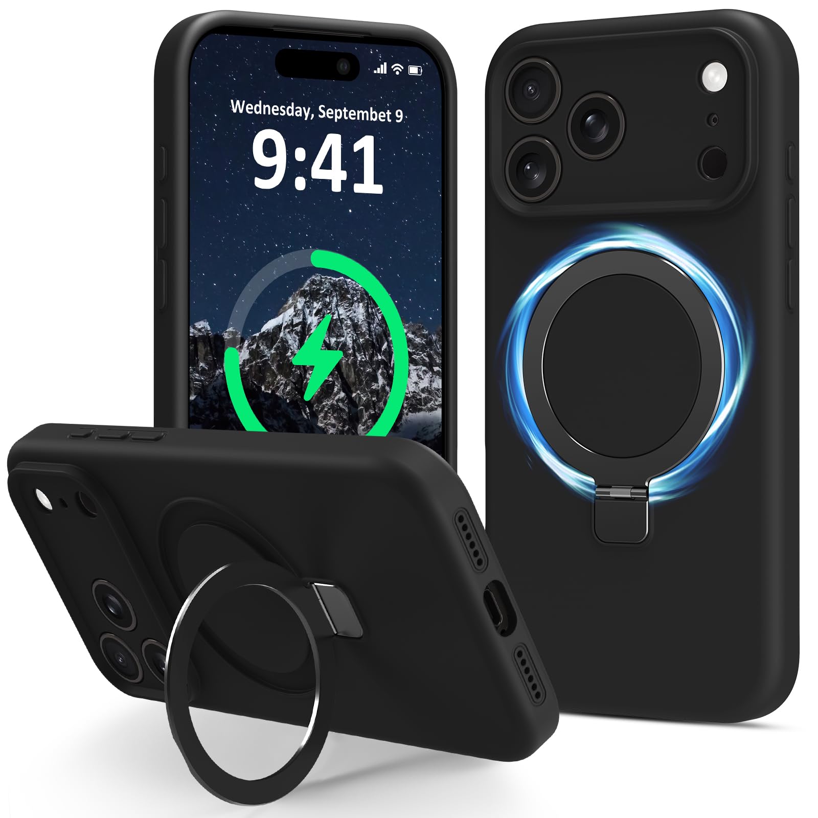 Vanxiliiy Compatible with iPhone 17 Pro Max Case Stand, Slim Liquid Silicone Phone Cases Fit for iPhone 17 Pro Max Compatible with MagSafe Magnetic Ring Kickstand Case Full Camera Protection, Black