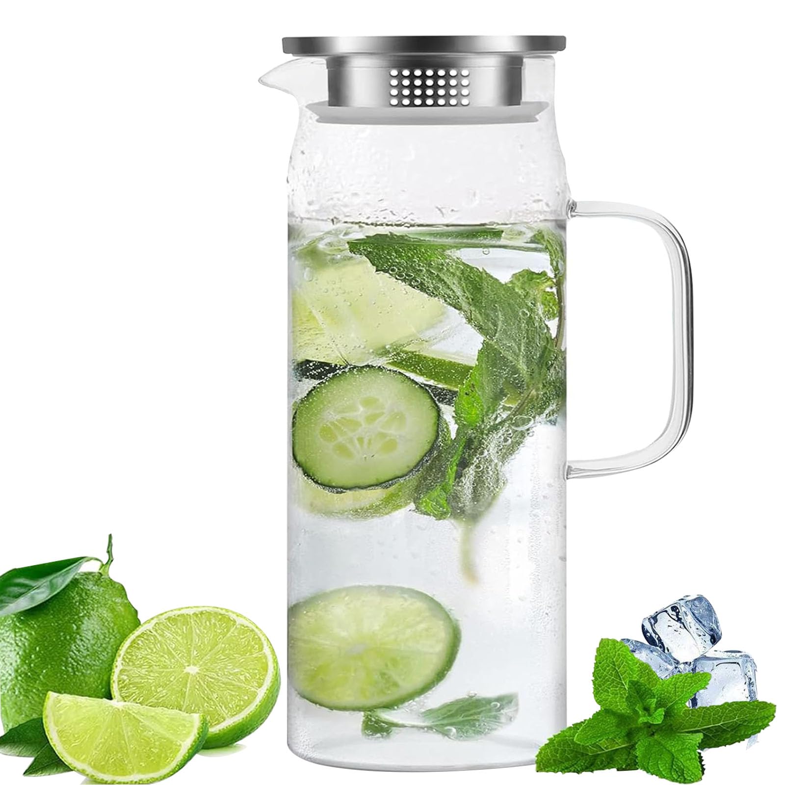 Sharemee - Best Heat Resistant Glass Pitcher with Stainless Steel Lid, Water Carafe with Handle, Good Beverage Pitcher for Homemade Juice and Iced Tea, 1200ml/41oz