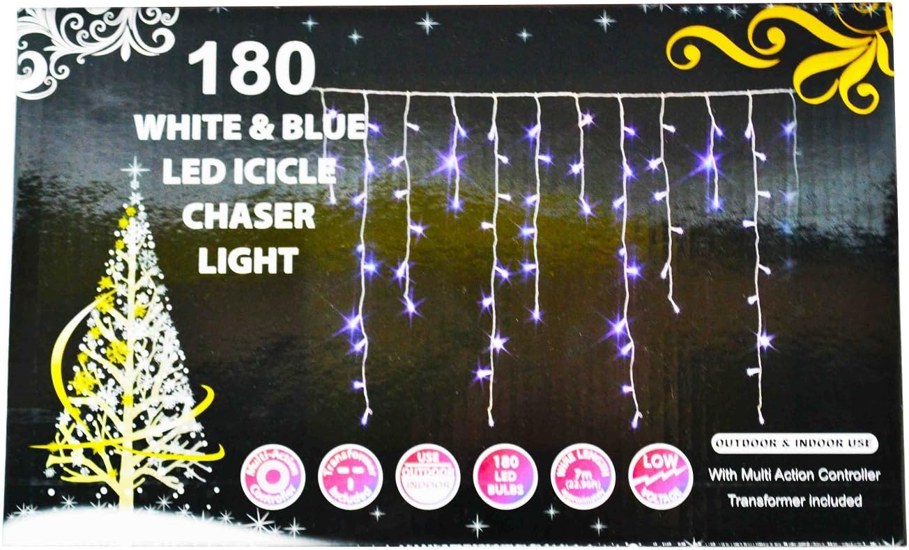 Decorative Christmas Icicle Lights 180 LED Bulbs Chaser Action - Blue & White