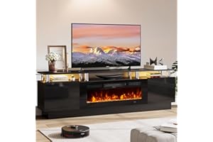 OneBlis 70" TV Stand for Living Room, Modern Entertainment Center & Media Console, Fits TVs up to 80", Storage Cabinet with Shelves, 36" Electric Fireplace with LED Flame (All Black)