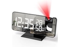 FTOYIN Projection Alarm Clock, Digital Clock with 180° Rotatable Projector, Clear LED Screen, 4-Level Brightness Dimmer, FM Radio with Progressive Volume,Snooze Setting, Temperature & Humidity Display