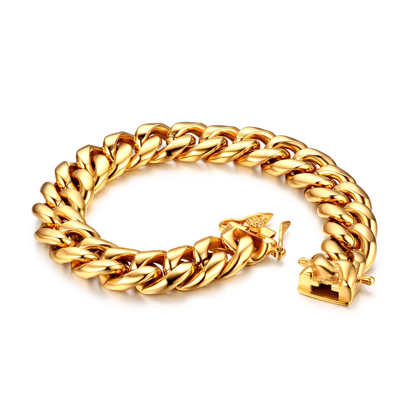 JewelryWe Men's Glossy Stainless Steel Simple Chain Large Width Bracelet High Quality(Gold)