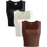 OLCHEE Womens 3 Pack Crop Tank Tops Seamless Ribbed Square Neck Tapered Shoulder Strap Sleeveless Workout Top Summer Shirts