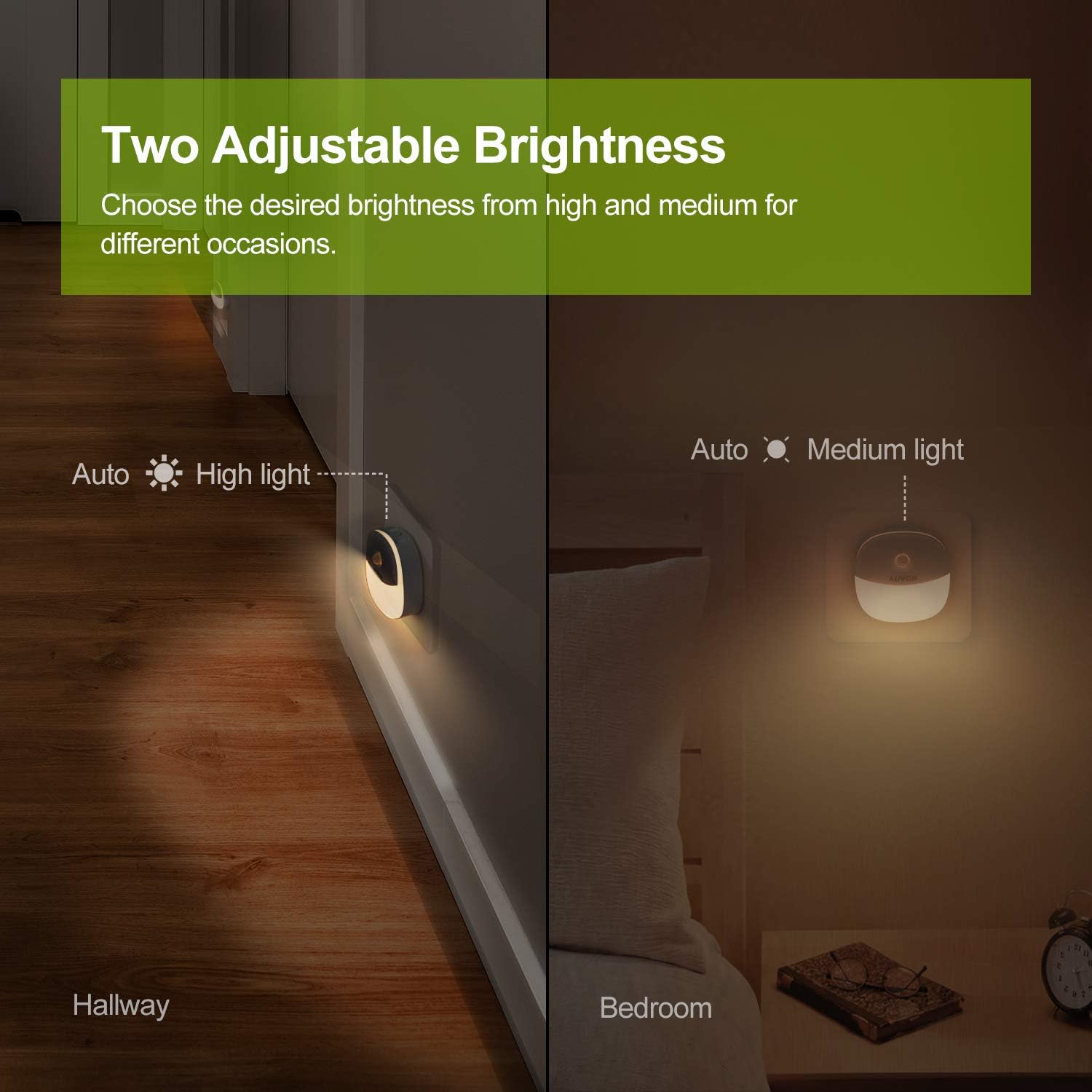 AUVON Plug-in LED Motion Sensor Night Light, Mini Warm White LED Nightlight with Dusk to Dawn Motion Sensor, Adjustable Brightness for Bedroom, Bathroom, Kitchen, Hallway, Stairs (4 Pack) - - 