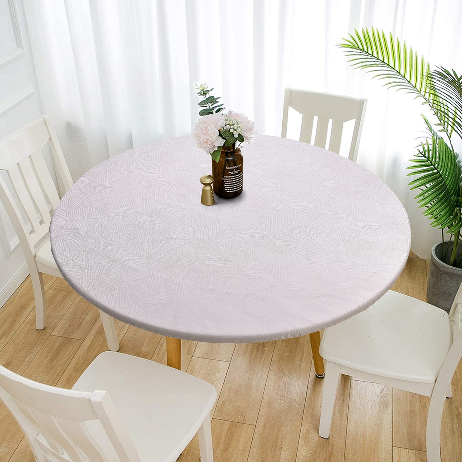 Topchances Round Table Cloth Waterproof Wipeable - Indoor Outdoor Patio Elastic Edged Vinyl Tablecloth Dining Table Cover Protector for Home Coffee Restaurant Party BBQ Picnic (White, Diameter 120cm)